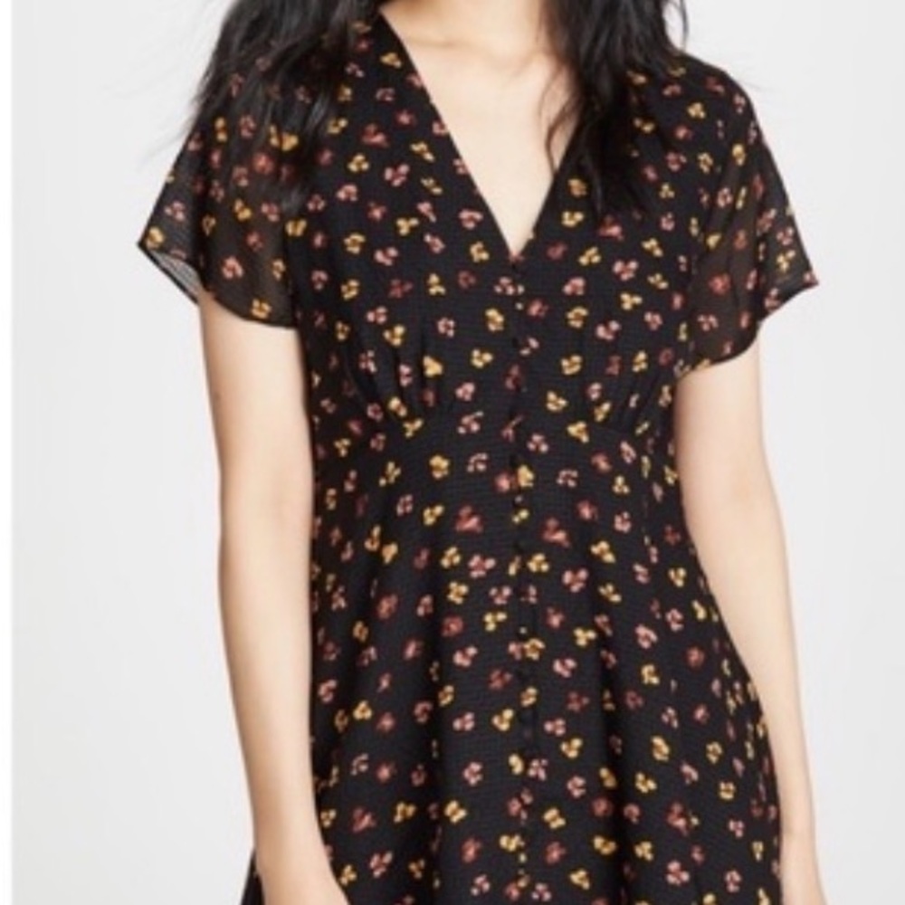 Madewell Silk V-Neck Black Dress with Brown and Yellow Floral Pattern